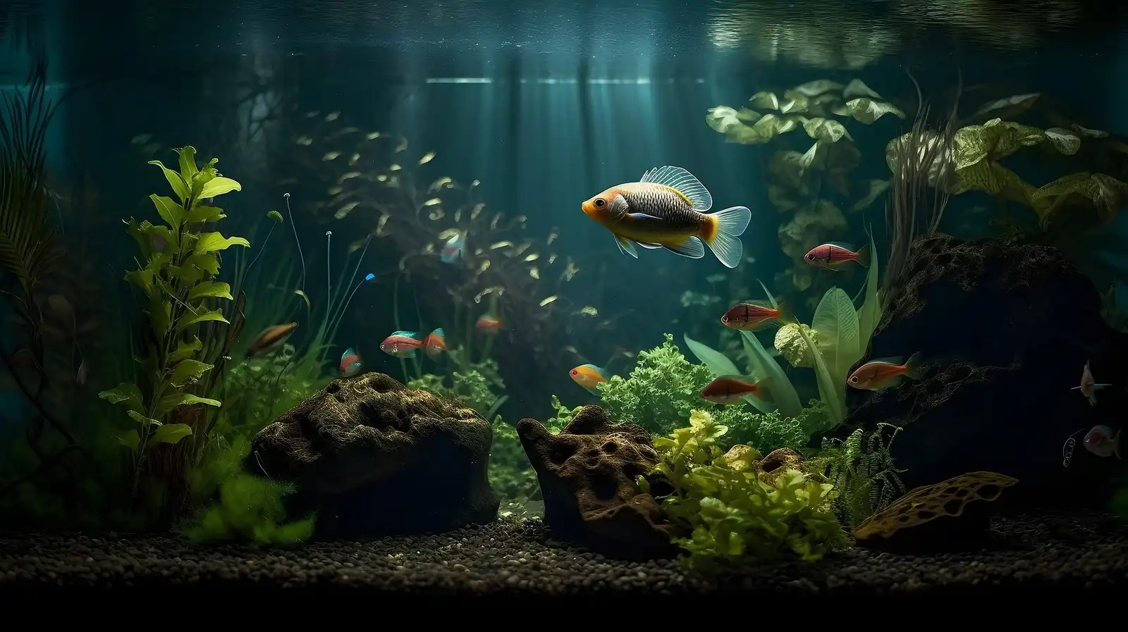 A planted freshwater aquarium with fish swimming through rays of light